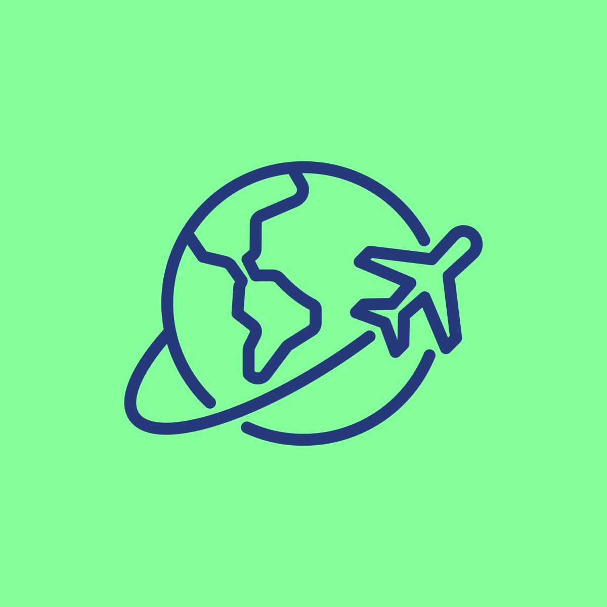 Illustrated plane circling planet in Accessible Employers brand colours of dark blue on a bright green background